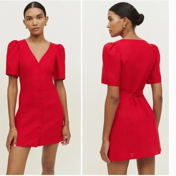 Reformation | Dresses | Reformation 0 Linen Joelle Cherry Red Button Down  Mini Dress Size 0 | Poshmark
